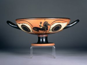 Coupe à yeux à figures noires attiques, avec décoration rouge et blanche ajoutée représentant un cheval et un cavalier, 480-450 av. J.-C.
