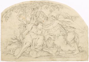 Homme barbu couché sous un arbre et ange