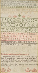 Échantillon de bande avec alphabet, chiffres et un verset, réalisé par Elizabeth Howe - Unbekannt
