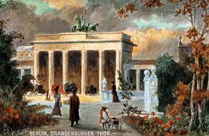 Berlin - Brandenburger Thor. Vue de la Porte de Brandebourg, avec des fleurs et des passants, fin du 19e/début du 20e siècle - Unbekannter Künstler