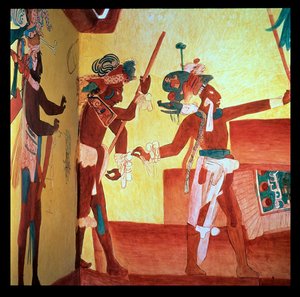 Les seigneurs de Bonampak en costumes à plumes dansent en célébration après une victoire militaire, Maya c.800