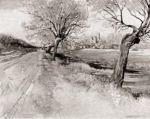 Cathédrale de Canterbury, vue du sud-ouest, au coucher du soleil, de The Century Magazine, publié en 1887 - Unbekannt