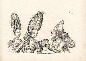 Caricature des modes de la fin du 18e siècle : femmes avec de hautes perruques et un jardin de fleurs dans le décolleté, et macaroni avec une haute perruque et une masse extravagante de cheveux attachés à l