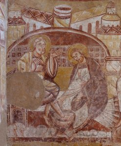 Église Saint-Martin. Intérieur. Peintures murales (fresque). Mur nord du chœur. (détail). Lavement des pieds. XIIe siècle. - Unbekannt