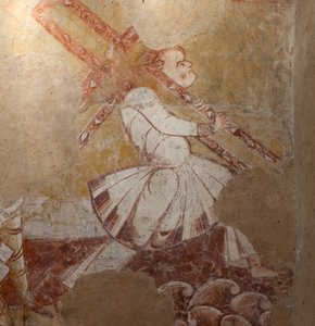 Église Saint-Martin. Intérieur. Peintures murales (fresque). Mur nord du chœur. (détail). Simon de Cyrène portant la croix. XIIe siècle.