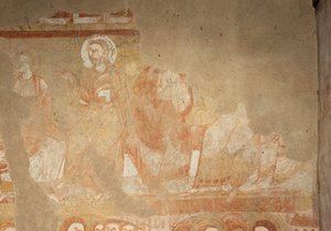 Église Saint-Martin. Intérieur. Peintures murales (fresque). Mur ouest de la nef. (détail). Apôtres. 12ème siècle.