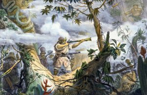 Indiens "civilisés" combattant les Indiens Botocudos, Brésil