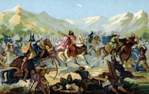 Clovis I (466-511), roi des Francs, lors de la bataille de Tolbiac en 496 contre la tribu germanique des Alamans, a juré de se convertir en cas de victoire. Fin du XIXe siècle (chromolithographie) - Unbekannter Künstler
