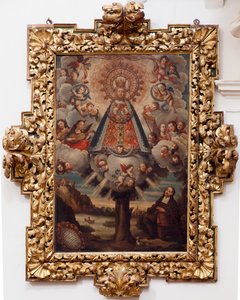 Église collégiale. Intérieur. Peinture. (Nuestra Señora de la Esperanza). Texte dans un médaillon : “RETRA TOD LA MIL CROSA Imajen DNUESTRA S DL Esperanza A Parecida A Fernando de ZILLLa Faña iezi rodela Villa Riue mde el Tajo ter mi?to esta villa”. - Unbekannt
