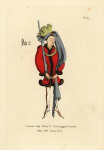 Costume du roi Richard II, en tunique courte et ample bordée de fourrure, ceinturée aux hanches avec une ceinture, chaussures pointues, coiffure ronde avec longue queue et couronne de tissu coupée en forme de feuilles - Unbekannt