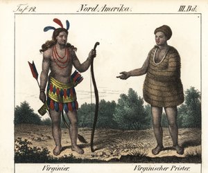 Costume des Indiens Powhatan de Virginie (USA) : un guerrier et un prêtre de Secota. Lithographie pour le livre : "Galerie complète en tableaux fidèles des peuples d