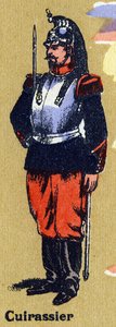 Cuirassier en uniforme de soldat. Alphabet illustré. Imageries réunies à Jarville-Nancy, début du 20ème siècle.