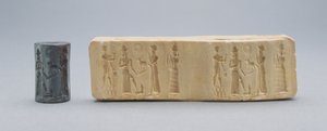 Sceau cylindrique, montré avec impression en plâtre, vieux babylonien, c.19e-18e av. J.-C. - Unbekannt