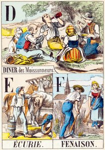 D E F : Dîner des moissonneurs, Écurie, Fenaison - « Alphabet de la ferme » fin du XIXe siècle (gravure) - Unbekannt