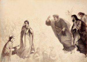 Dante et Béatrice devant les esprits lumineux des apôtres Pierre, Jacques et Jean. Pierre a le bras levé en signe de colère. Illustration du Chant XXVII du Paradis de La Divine Comédie de Dante Alighieri. Œuvre de Francesco Scaramuzza dédiée à la Municipal - Unbekannter Künstler