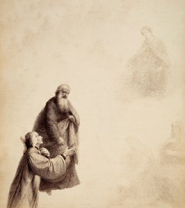 Dante, assisté par Saint Bernard, voit Béatrice assise sur un trône parmi les bienheureux, dans un halo de lumière. Illustration du Chant XXXI du Paradis de La Divine Comédie de Dante Alighieri. Œuvre de Francesco Scaramuzza dédiée à la Municipalité de Flo - Unbekannter Künstler