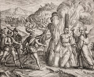 Description des crimes infligés aux Indiens par les colons espagnols - Conquistadors brûlant sur le bûcher un Indien qui a refusé de se convertir à la foi catholique. Religieux de l