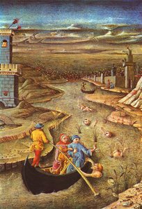 Divine Comédie : Dante et Virgile, portés par Charron, rencontrent le damné Filippo Argenti (miniature)