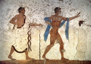 Jeune éphèbe précédé par un musicien et un maître de cérémonie, de la Tombe du Plongeur, 480 av. J.-C. - Unbekannter Künstler