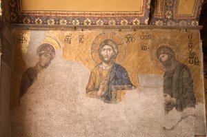 Europe-Asie, Turquie, Istanbul, Musée Aya Sofya (537 AD, anciennement mosquée et église), panneau de mosaïque représentant le Christ, Marie et Jean-Baptiste