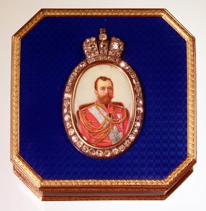 Boîte en émail bleu Fabergé, avec portrait du Tsar Nicolas II - Unbekannt