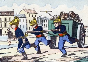 Pompiers. Gravure dans "Alphabet militaire enfantin". Imagerie de Pont-à-Mousson, vers 1890. 20 pages