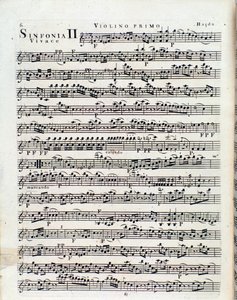 Première page de partition musicale pour violon dans la Symphonie n° 2 par J Haydn