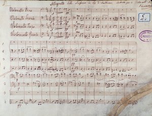 Première page de la partition pour quatre violoncelles de la Symphonie n° 7 en la majeur, op. 92, de Ludwig van Beethoven - Unbekannter Künstler