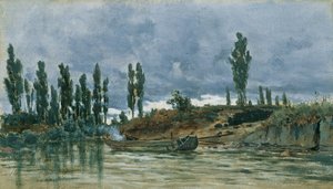 Paysage fluvial avec barque - Unbekannter Künstler