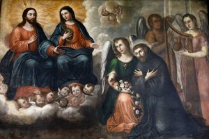 Musée Fray Pedro Gocial dans le couvent de San Francisco, Quito, Équateur. Jésus et Marie apparaissant à Saint François