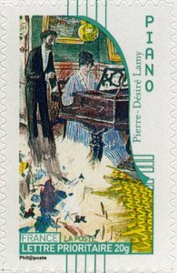 Timbre-poste français représentant une pianiste, d