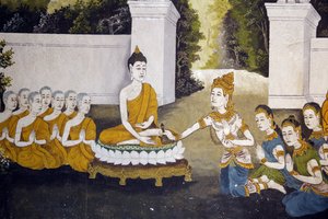 Fresque représentant une scène de la vie du Bouddha dans Wat Phra Doi Suthep, Chiang Mai. Bouddha recevant des aumônes. Thaïlande - Unbekannt