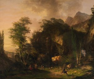 Paysage montagneux avec chevaliers combattants