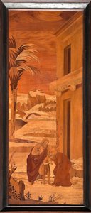 Gênes, Duomo (cathédrale Saint-Laurent), intérieur, abside, chœur, côté nord : "Saint Jean-Baptiste prend congé de sa famille", marqueterie de bois par Vincenzo et Tommaso Garassino (XIXe siècle) - Unbekannter Künstler
