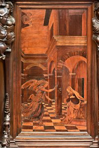 Gênes, Duomo (cathédrale Saint-Laurent), intérieur, presbytère, abside, chœur, côté sud : "Annonciation", marqueterie de bois par Gian Michele De