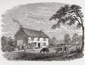 Lieu de naissance de George Stephenson. Cottage en pierre du XVIIIe siècle, maison de George Stephenson, Wylam, Northumberland, Angleterre, vu ici au XIXe siècle. De Great Engineers, publié vers 1890