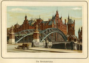 Allemagne, Hambourg, le "Brooksbrücke" (pont Brooks) et en arrière-plan les entrepôts du port, appelés "Speicherstadt", vers 1890 (lithographie) - Unbekannter Künstler