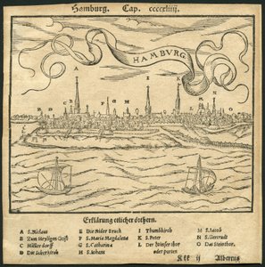 Allemagne, Hambourg, vue sur la ville, au premier plan le fleuve Elbe, illustration de la Cosmographia de Sebastian Muenster, vers 1570 (gravure) - Unbekannter Künstler