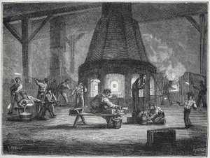 Fabrication de verre dans la seconde moitié du 19e siècle : les enfants travaillent, c. 1880 (gravure) - Unbekannter Künstler