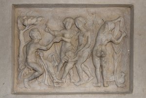 Mythologie grecque : le Jugement de Pâris. Le berger Pâris doit choisir la plus belle des trois déesses entre Aphrodite (Vénus), accompagnée de Cupidon, Héra (Junon) et Athéna (Minerve). Il choisit Aphrodite à qui il offre une pomme d