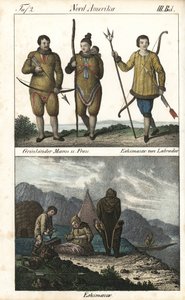 Habitants du Groenland portant des peaux et un Inuit du Labrador (Canada) avec un trident. En dessous, une scène quotidienne de la vie familiale inuit devant un igloo, une tente et un canoë, Amérique du Nord. Lithographie pour le livre : « Galerie complète - Unbekannter Künstler