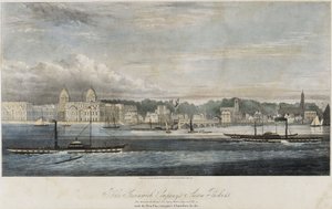 Vapeurs de la Greenwich Transport Company (Greenwich, Royal Tar, Gipsy, Water Lily et Fly) devant les bâtiments de la jetée de Greenwich (Angleterre)