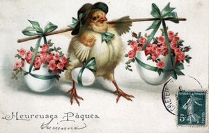 Carte de vœux de Pâques : un poussin portant des œufs remplis de roses - Carte postale datée de 1908