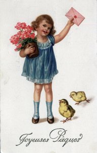 Carte de vœux de Pâques : une petite fille apportant une lettre scellée accompagnée de deux poussins - Carte postale fin 19e-20e siècle - Unbekannt
