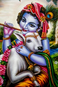Dieu hindou Krishna avec un veau. Watford, Royaume-Uni.