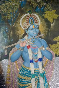 Hindouisme : peinture de Lord Krishna avec une flûte ; Durgiana Mandir Vishnu Temple ; Amritsar ; Pendjab ; Inde