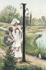 I : Une femme debout en robe, tablier et coiffe tient un panier sur son bras droit. Décor champêtre - Alphabet personnages Ref Th. E., L. Theochrom - Série 994. Theodor Eisman, éditeur, Leipzig - Unbekannt
