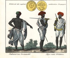 Costumes indiens : un homme de la côte de Coromandel et deux soldats de Mysore (ou Maissour). Avec une pièce d