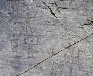 Italie, Région de Lombardie, Valcamonica, Gros plan sur les dessins rupestres du Parc National de Naquane