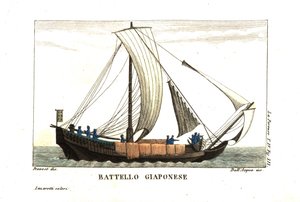 Voilier japonais. Illustration de Jean Louis Prevost du Journal de Jean François de Galaup, comte de La Pérouse (1741-1788). Gravure sur cuivre par dell